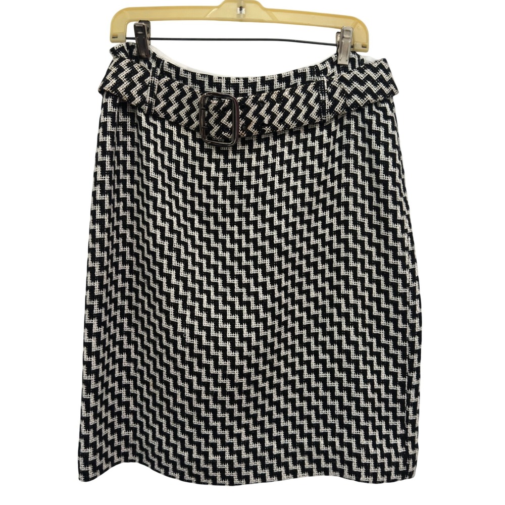 Dana Buchman Tweed Pencil Skirt Dark Academia Black White Zigzag Belted 12